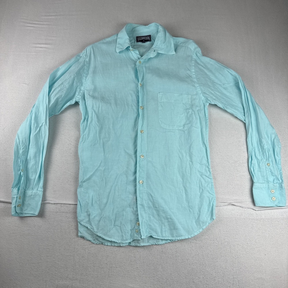 Vilebrequin Mens Aqua Blue 100% linen Shirt Small  lightweight Coastal Beach